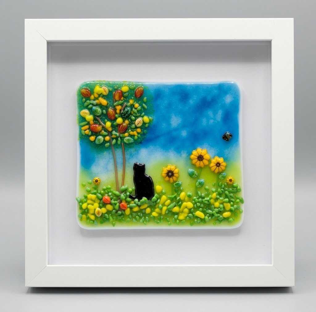 Cat in the Sunlit Garden Fused Glass Art