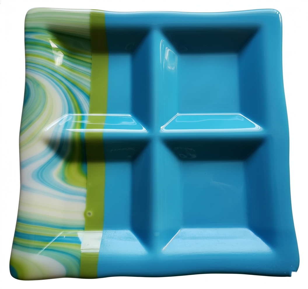 Azure Swirl Artisan Fused Glass Square Serving Platter