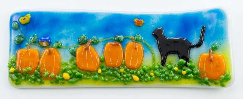 Black Cat Pumpkin Patch Fused Glass Art